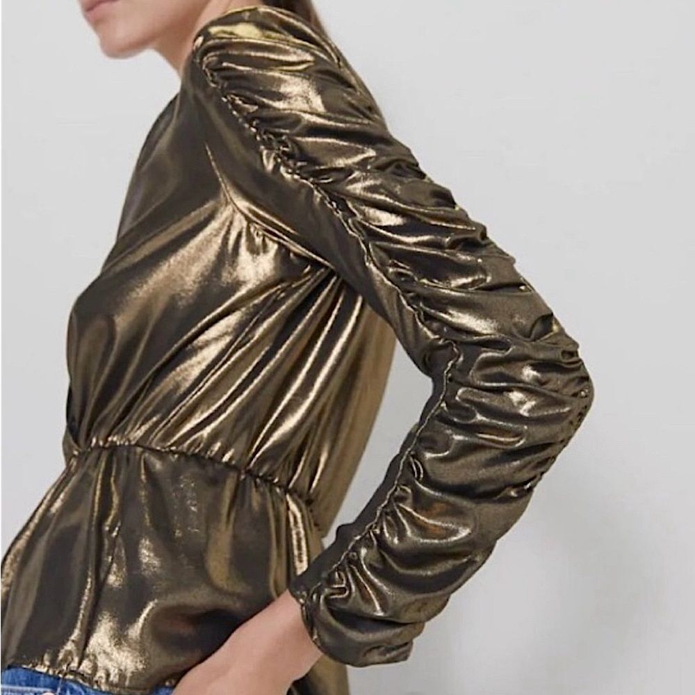 ZARA Blouse Gold Wrap Shirt Peplum Top Size Small